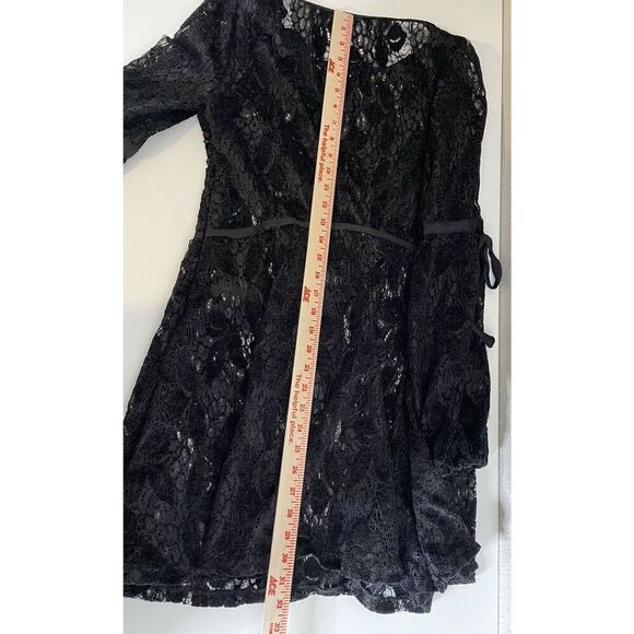 FREE PEOPLE Size M Ruby Black Lace Mini Dress Long Sleeve Sheer Fit Flare - Picture 12 of 12
